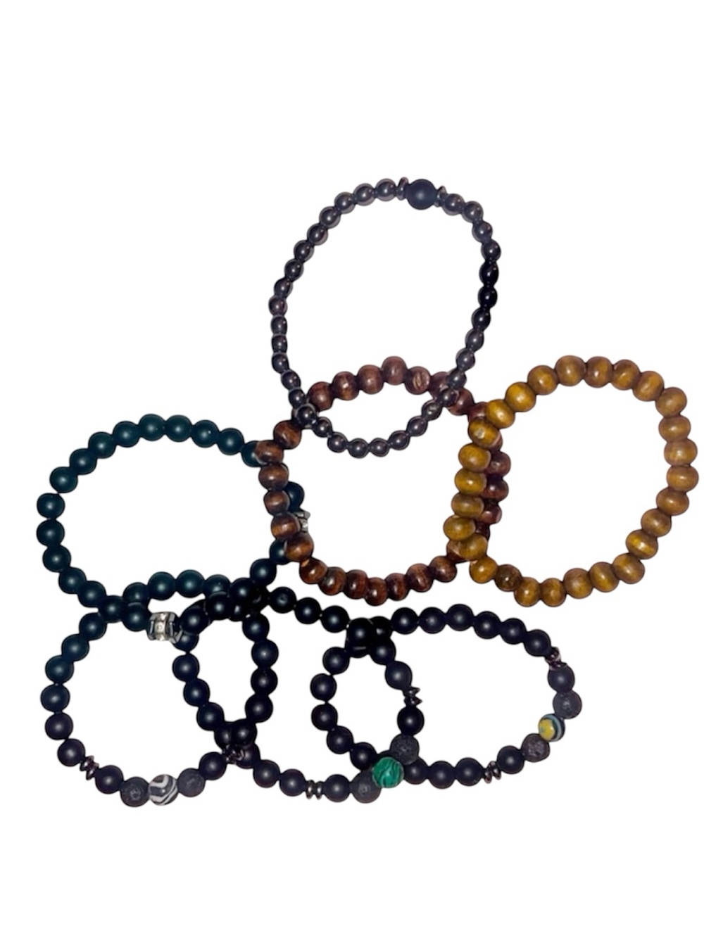 Men’s 7pc Handmade Wooden & Iron Beaded Bracelet Set Brown & Black Elastic-OS